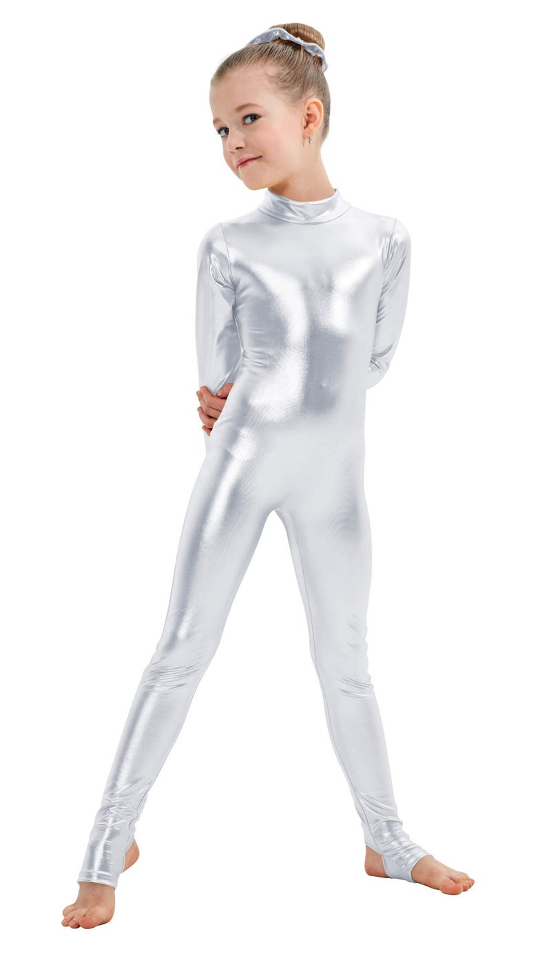 Kepblom Girls Shiny Metallic Mock Neck Unitard Long Sleeve Zipper Back One Piece Bodysuit Costume,L,Silver - Image 1